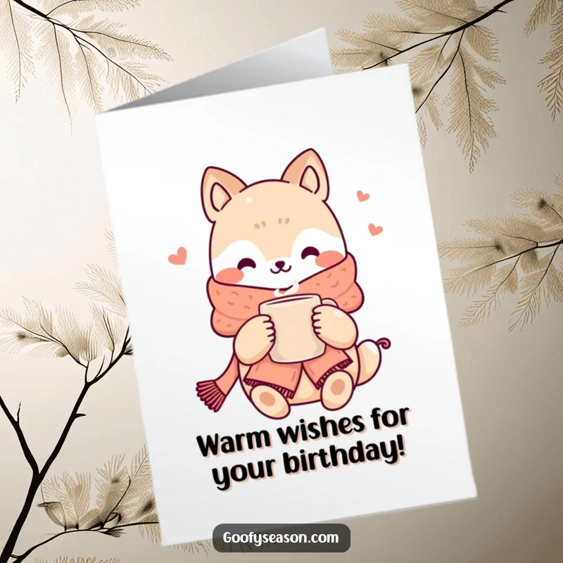 Funny Free Printable Birthday Card: Kawaii animal in scarf holds hot mug, sending warm birthday wishes.