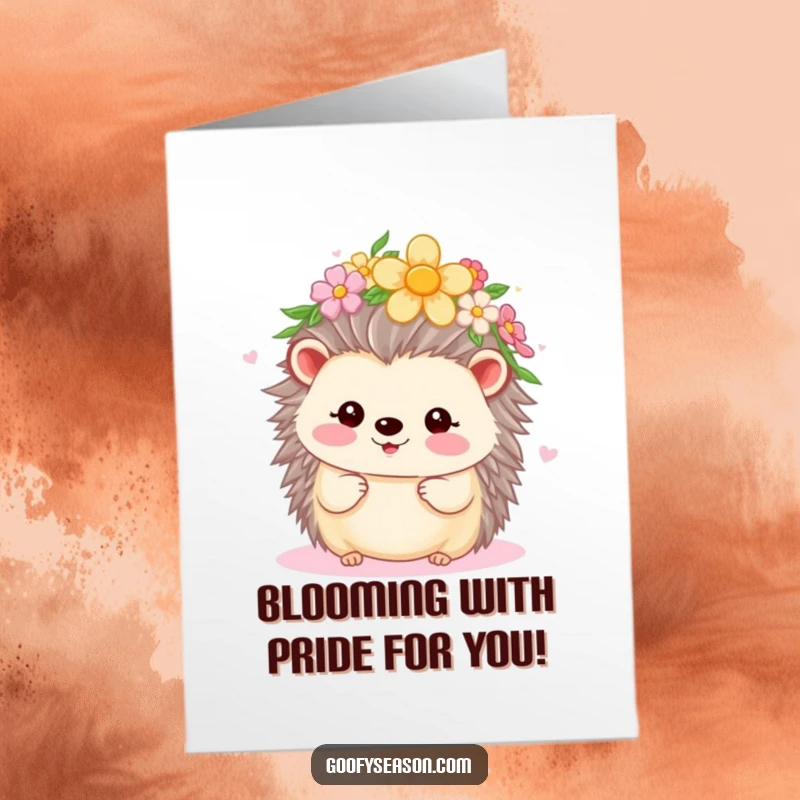 Funny Free Printable Congratulations Card: Kawaii hedgehog with a flower crown, radiating happiness and celebrating the vibrant spirit of spring.