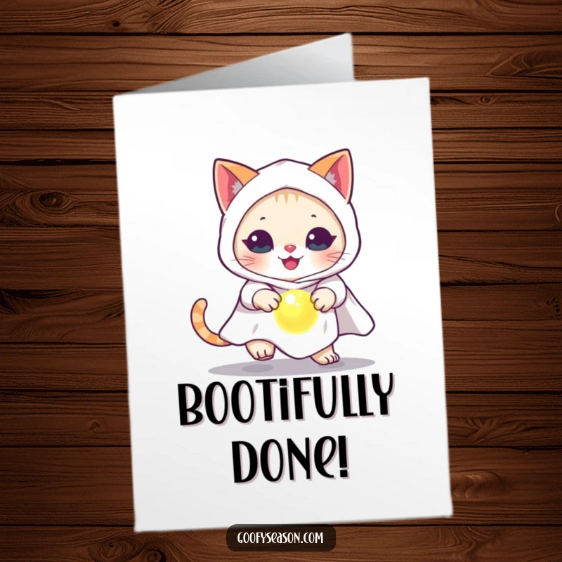 Funny Free Printable Congrats Card: A cat dressed as a ghost excitedly chases a glowing orb, celebrating success.