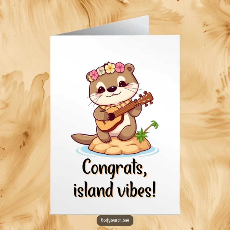 Funny Free Printable Congrats Card: Otter wearing lei strums ukulele on tiny island, celebrating success