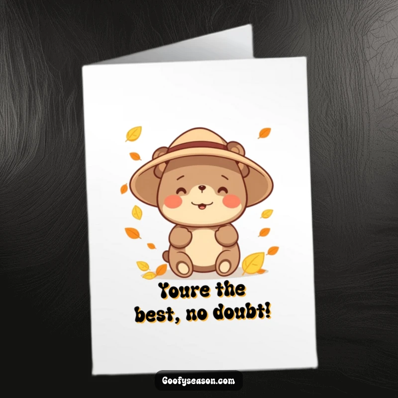 Funny Free Printable Congrats Card: Cheerful bear in a sun hat catches falling leaves, symbolizing a season of achievement.