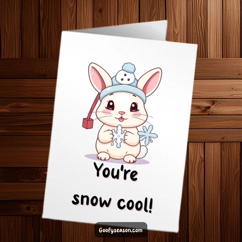 Funny Free Printable Congrats Card: Cute bunny in a snowman hat, holding a melting snowflake, looking proud of an achievement.