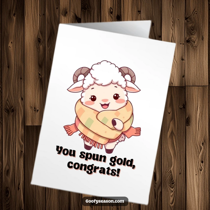 Funny free printable congratulations card featuring a contented sheep snuggled deeply within an oversized, soft, knitted scarf.