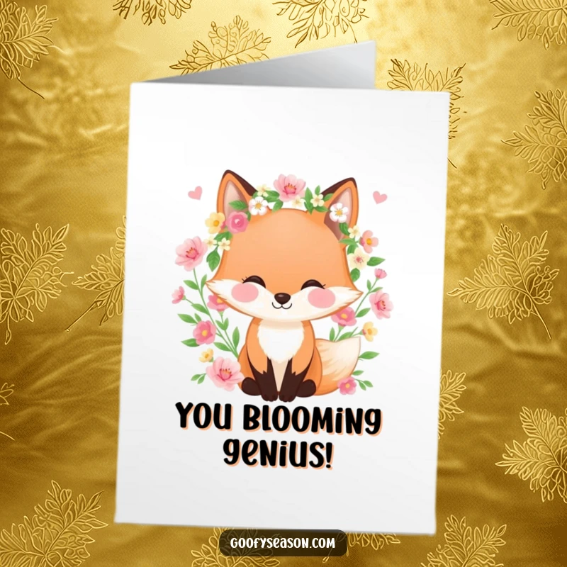 Funny Free Printable Congrats Card: Happy fox in a spring wreath, surrounded by flowers, exuding joy and success.