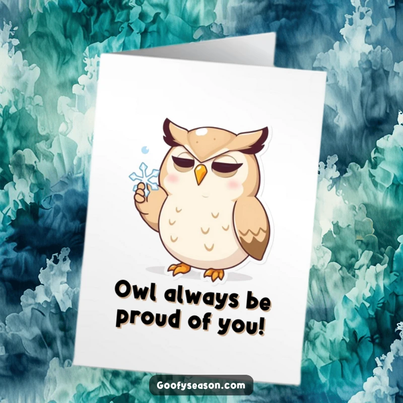 Funny Free Printable Congratulations Card: Determined owl comically attempts to catch a delicate snowflake with its beak.