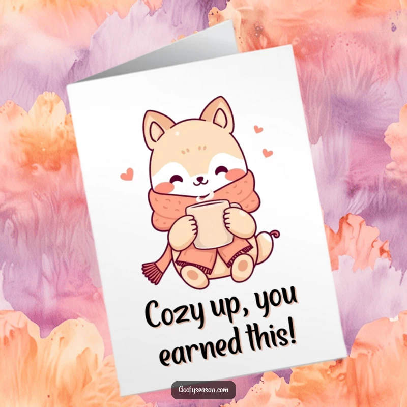 Funny Free Printable Congrats Card: Kawaii animal in scarf holds mug, offering warm congratulations and comfort.