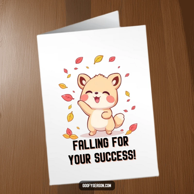 Funny Free Printable Congrats Card: Kawaii animal joyfully tosses colorful leaves, celebrating achievements with a flourish.