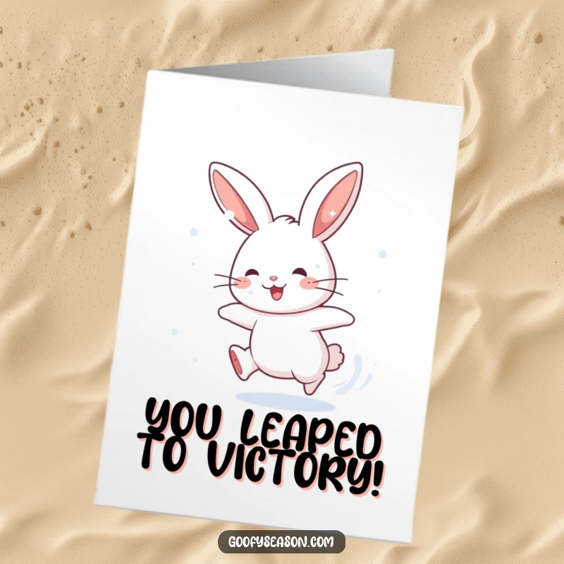 Funny Free Printable Congratulations Card: Energetic rabbit character chasing snowflakes, symbolizing a lively and successful pursuit.
