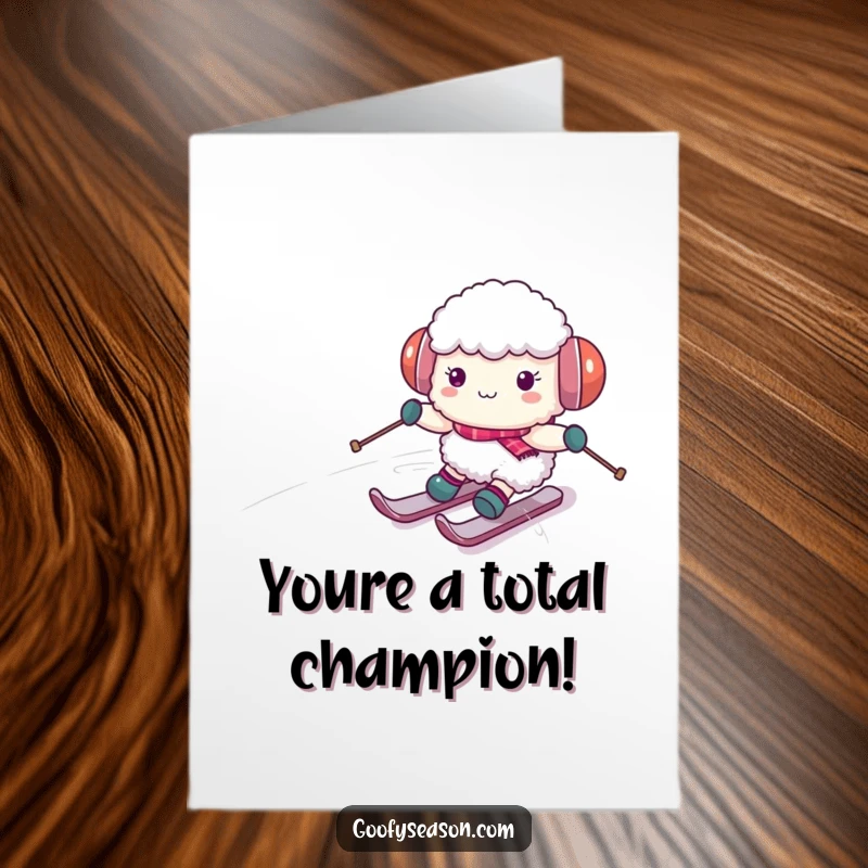 Funny Free Printable Congrats Card: Sheep comically skis down a snowy hill, embracing the challenge of success.