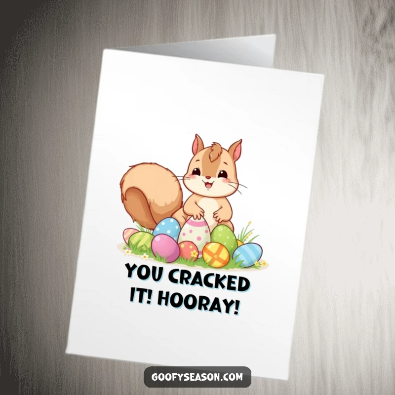 Funny Free Printable Congratulations Card: Kawaii squirrel excitedly hiding colorful Easter eggs, celebrating happy news with enthusiasm.