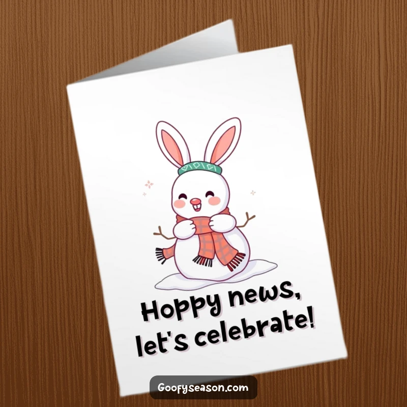 Funny Free Printable Congratulations card depicts a happy bunny adding a scarf to a snowman, celebrating a special achievement.