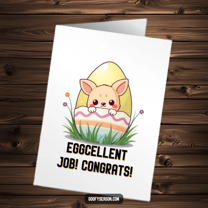 Funny Free Printable Congratulations Card: Kawaii animal peeks from an Easter egg, celebrating a wonderful discovery.