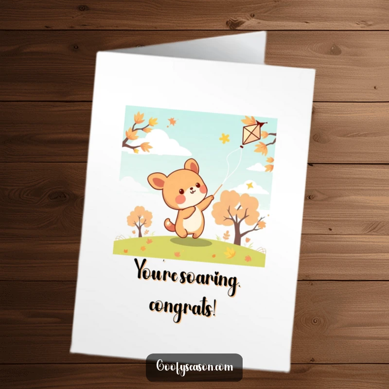 Funny Free Printable Congratulations Card: Kawaii animal successfully flies a kite, celebrating a lofty achievement.