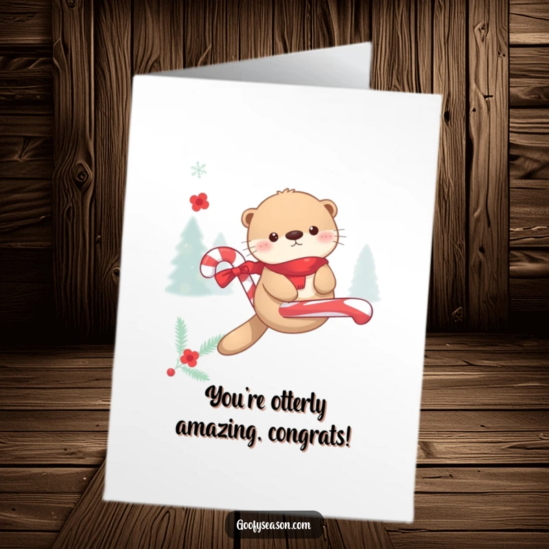Funny Free Printable Congratulations Card: Kawaii otter triumphantly floating on a candy cane, surrounded by winter cheer and sweet success.