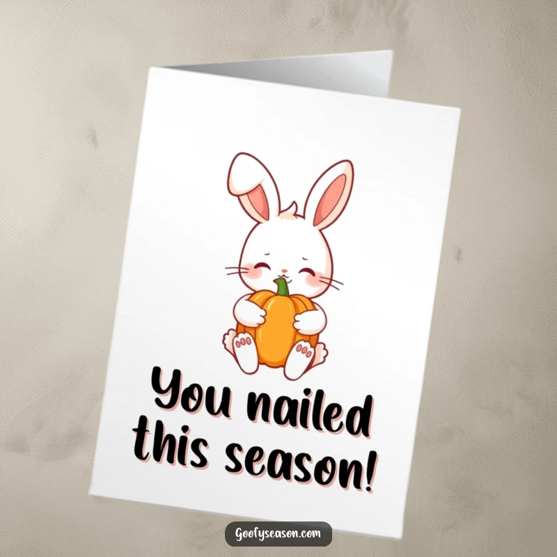 Funny Free Printable Congratulations Card: Shy Kawaii bunny holding a pumpkin, celebrating autumn achievements with a gentle smile.