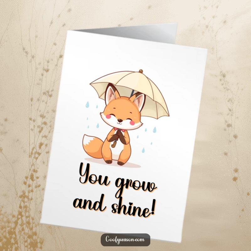 Funny Free Printable Congratulations Card: Kawaii fox with an umbrella under cheerful spring raindrops, celebrating success joyfully.