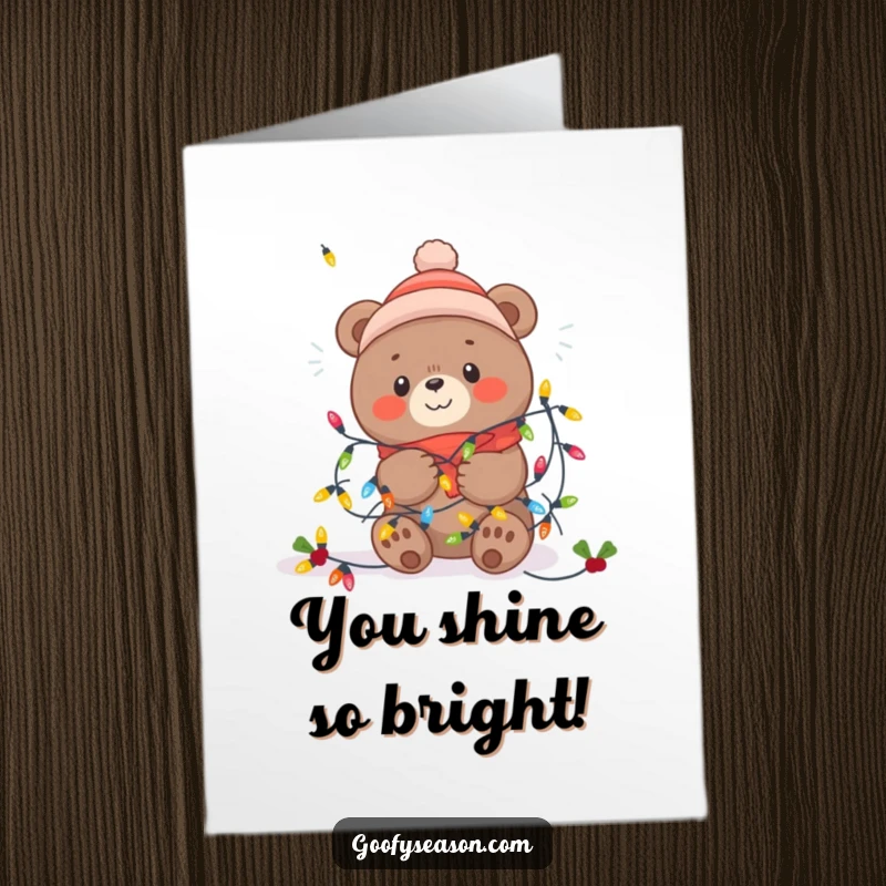 Funny Free Printable Congratulations Card: Kawaii bear tangled in cheerful winter festive lights, celebrating festive news with glee.