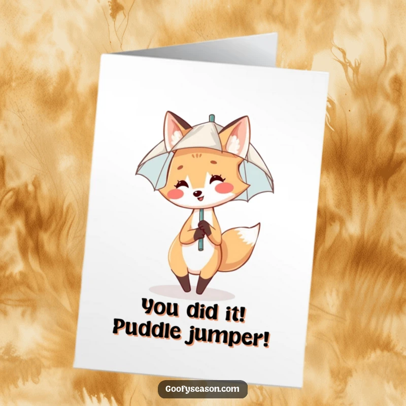 Funny Free Printable Congratulations Card: Joyful fox in umbrella dancing in rain, a hilarious congratulatory downloadable.