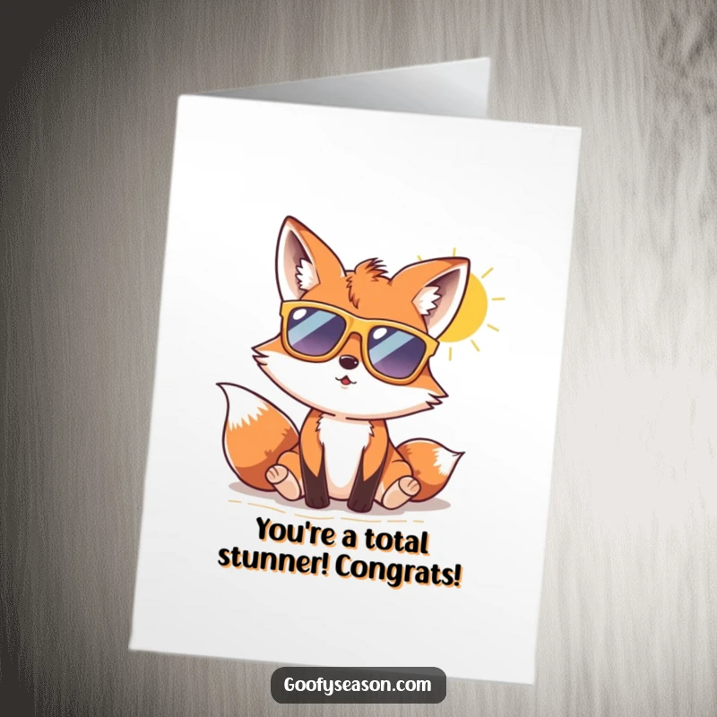 Funny Free Printable Congratulations Card: A fox wearing cool sunglasses enjoys a sunny beach day, celebrating achievement.