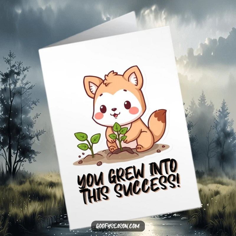 Funny Free Printable Congratulations Card: A determined animal with a hopeful look plants a vibrant seedling, celebrating growth and new ventures.