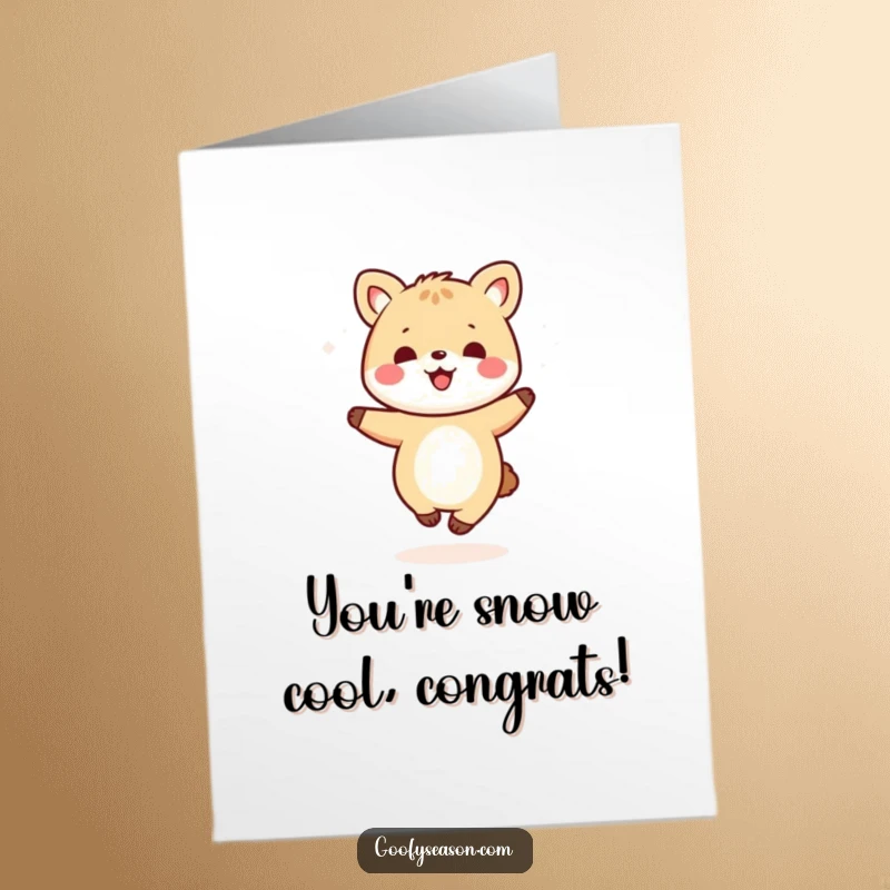 Funny Free Printable Congrats Card: A cute kawaii animal happily dancing in a flurry of snowflakes.