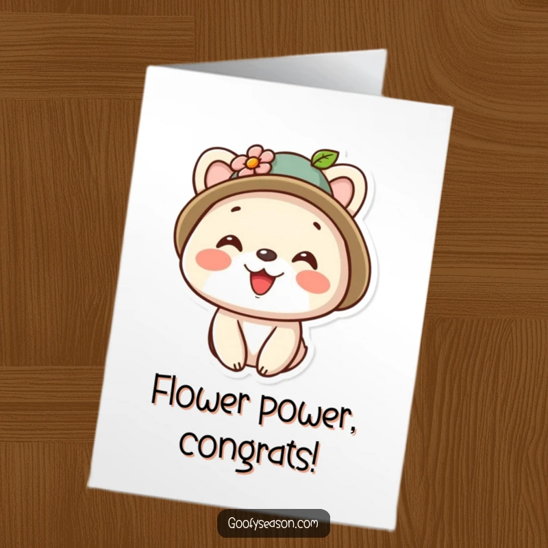 Funny Free Printable Congrats Card: A happy kawaii animal sports a cute hat with a flower.