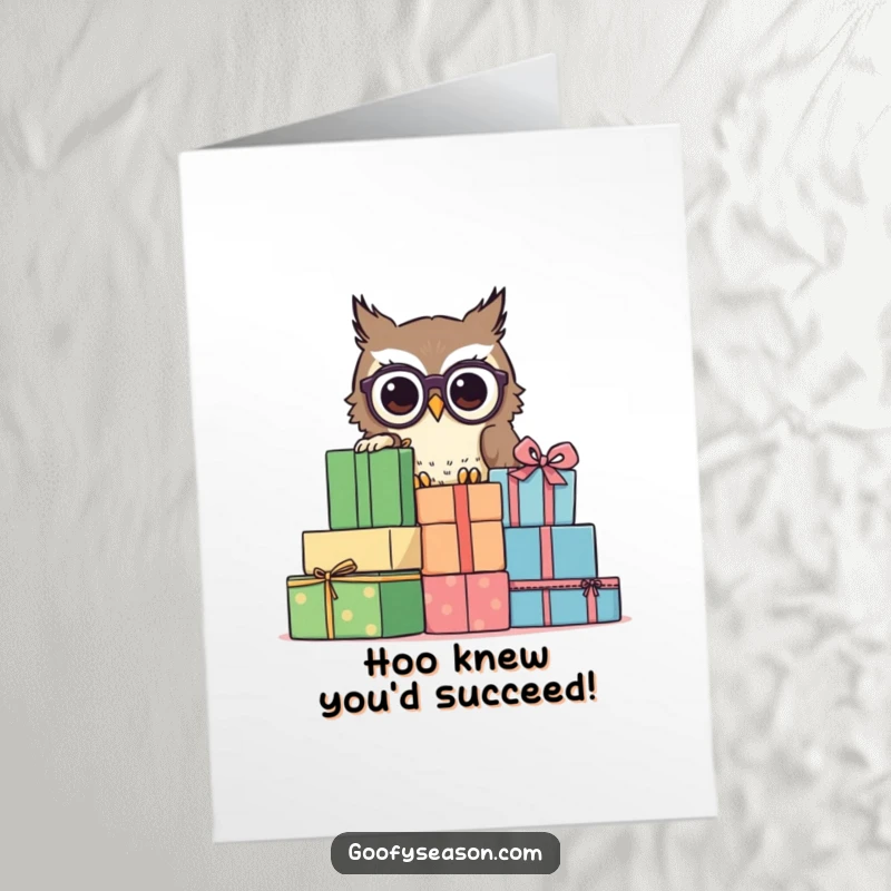 Funny Free Printable Congrats Card: Owl wearing glasses peeking curiously from behind large gift stacks.