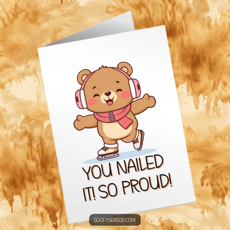 Funny Free Printable Congratulations Card: A happy bear in earmuffs skates enthusiastically, celebrating an achievement.