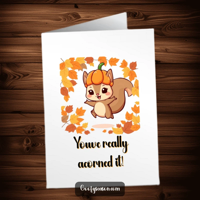 Funny Free Printable Congratulations Card: Squirrel in a pumpkin hat leaping amidst a flurry of colorful autumn leaves.