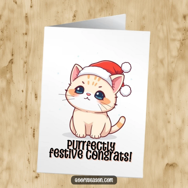 Free Printable Congratulations Card: Kawaii cat wearing a Santa hat joyfully catching falling snowflakes.