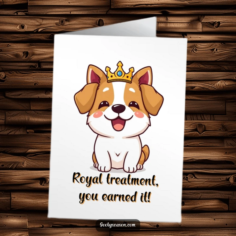 Funny Free Printable Congratulations Card: A dog adorned with a crown revels in a grand feast, celebrating success.