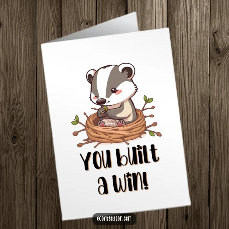 Funny Free Printable Congratulations Card: Clever badger character building a cozy nest, symbolizing comfort and successful endeavors.