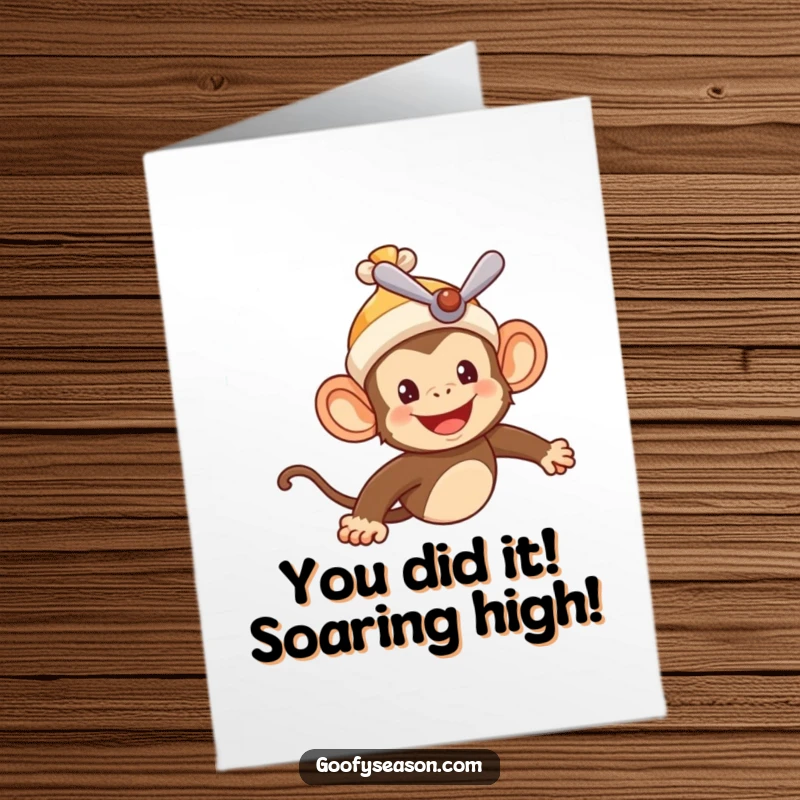 Funny Free Printable Congratulations Card: Monkey pilot in propeller beanie flying high to celebrate success.