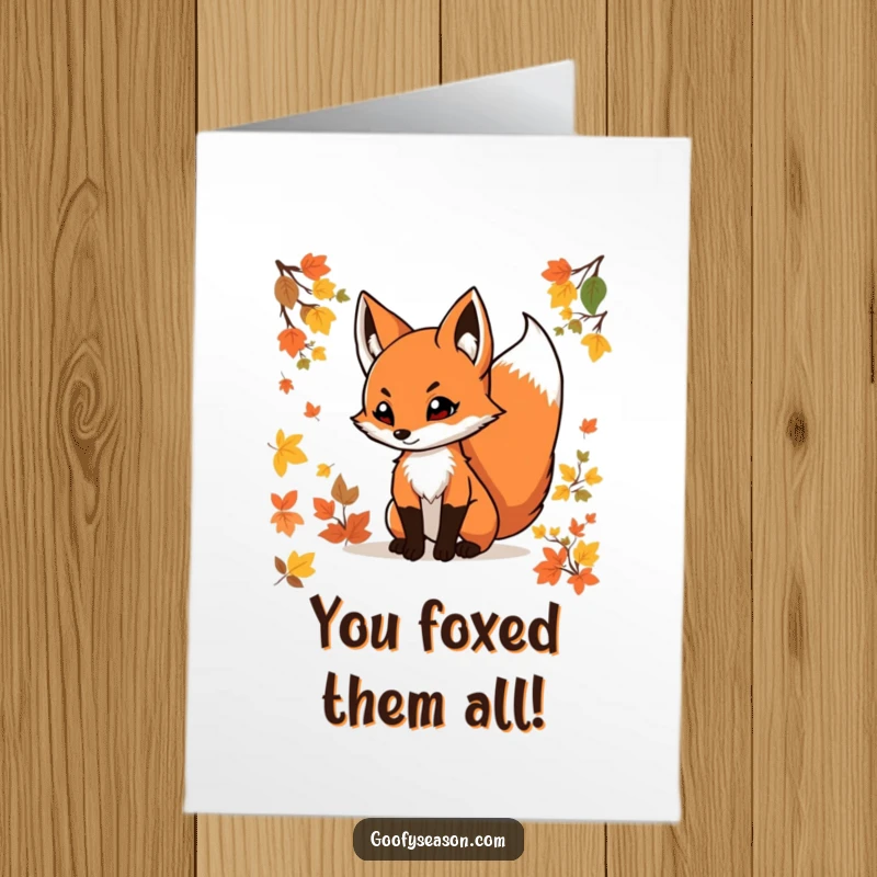 Funny Free Printable Congratulations Card: A determined fox with a swishing tail speeds through autumn foliage, signifying a successful achievement.