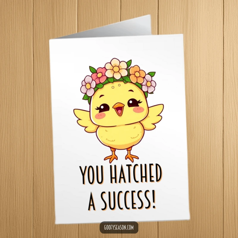 Funny Free Printable Congratulations Card: Joyous chick character with a flower crown, symbolizing fresh beginnings and happy outcomes.