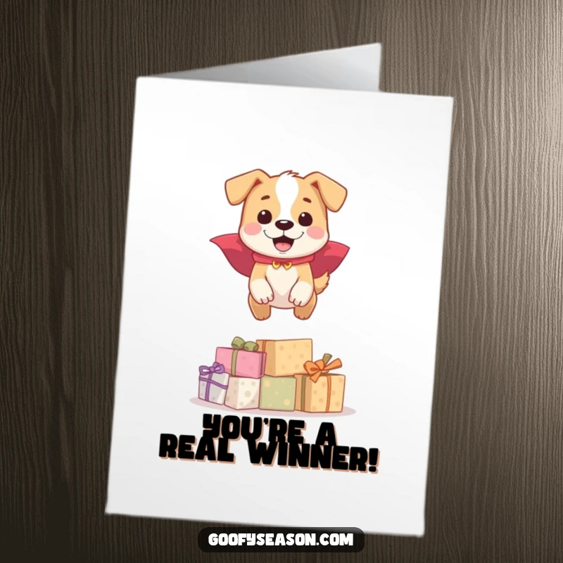 Funny Free Printable Congrats Card: Dog in a cape leaping high over a pile of gifts.