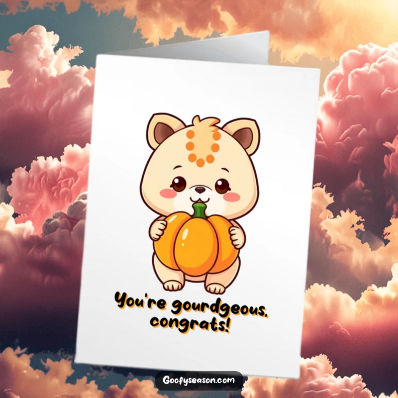 Funny Free Printable Congratulations Card: Kawaii animal beams holding a pumpkin, celebrating success joyfully.