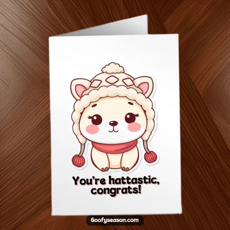 Funny Free Printable Congratulations Card: Kawaii animal in a woolly hat smiles warmly, cheeks rosy with pride.