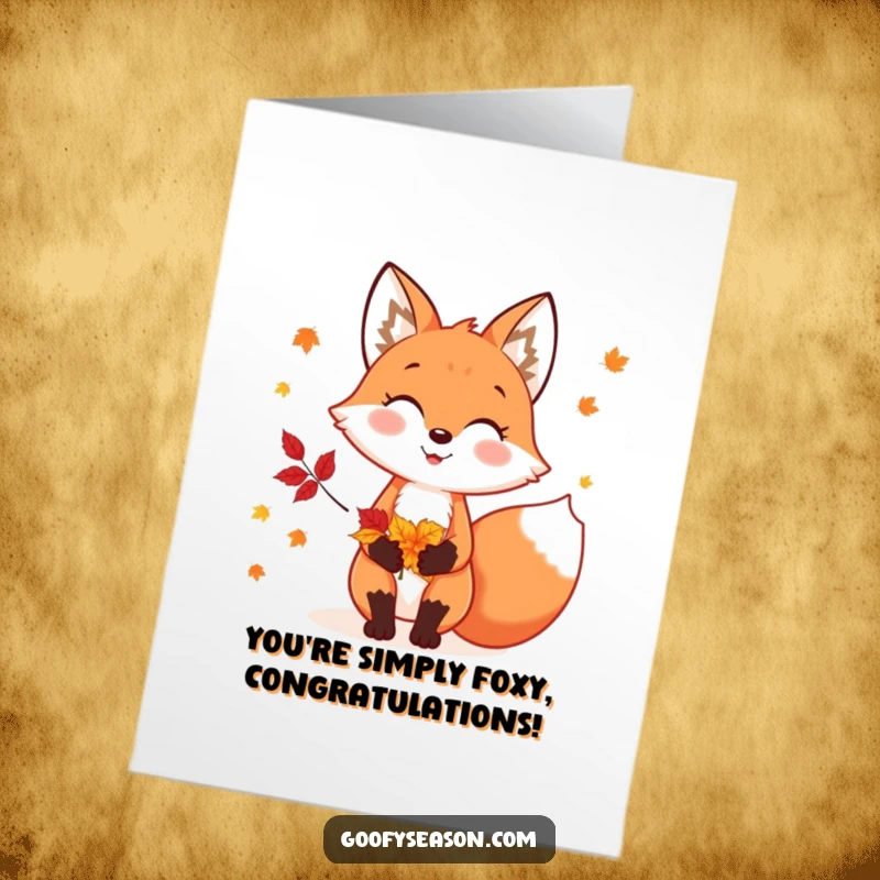 Funny Free Printable Congratulations card features a cheerful fox grasping a bundle of bright, colorful autumn leaves, celebrating success.