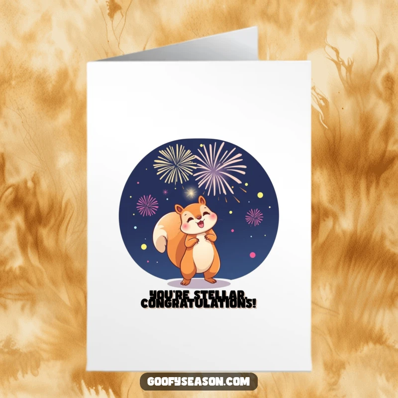 Funny Free Printable Congratulations card shows a playful squirrel igniting a spectacular fireworks show in the nighttime sky for celebration.