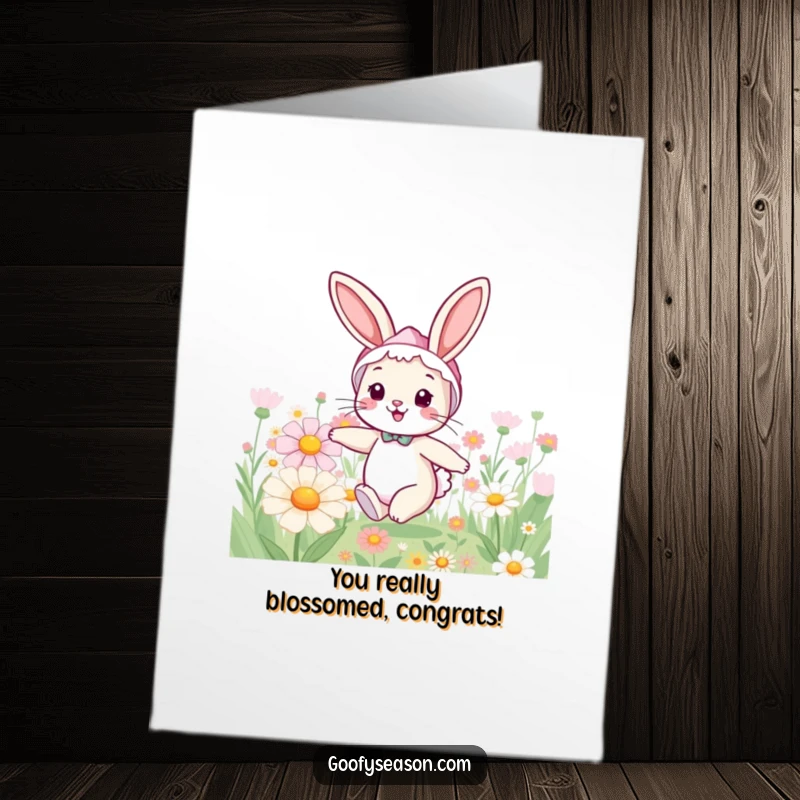 Funny Free Printable Congratulations Card: A cheerful bunny in a spring bonnet hopping through giant flowers, celebrating.