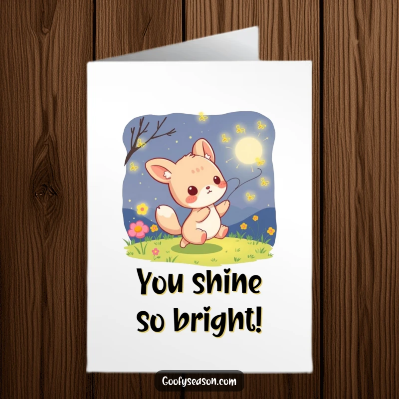 Funny Free Printable Congrats Card: A cute kawaii animal chases twinkling fireflies under the night sky.
