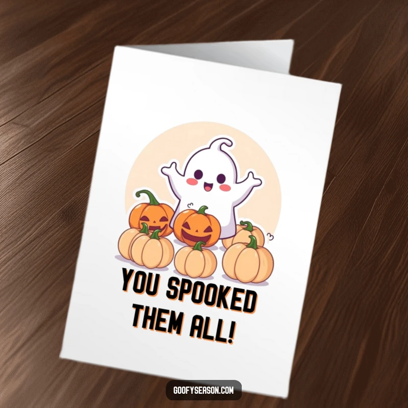Funny Free Printable Congrats Card: Happy ghost surprising pumpkins, celebrating unexpected success with humor.