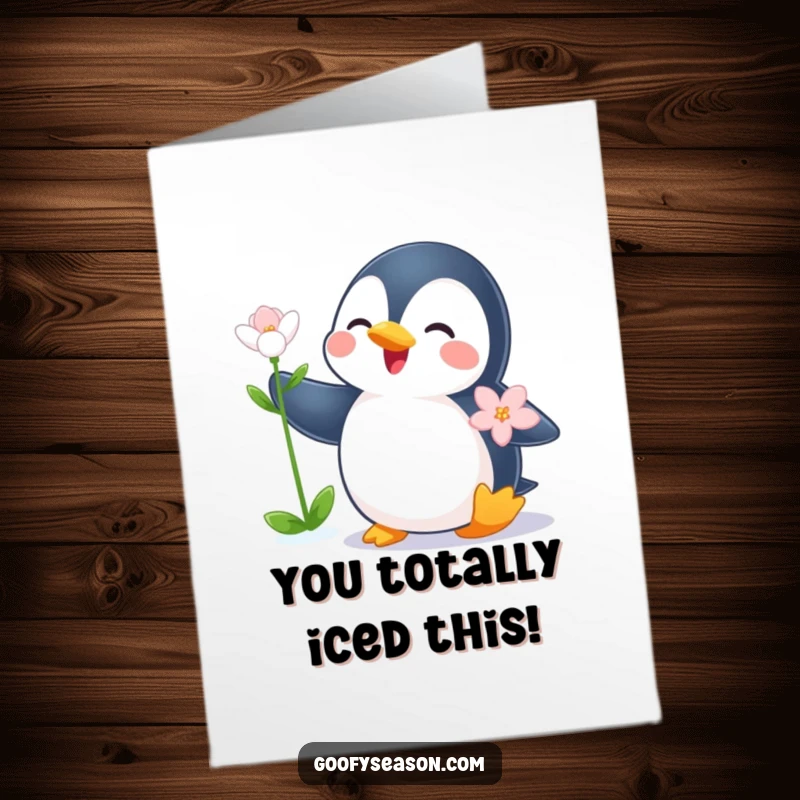 Funny free printable congratulations card showing a cheerful penguin admiring a delicate flower in a winter wonderland.