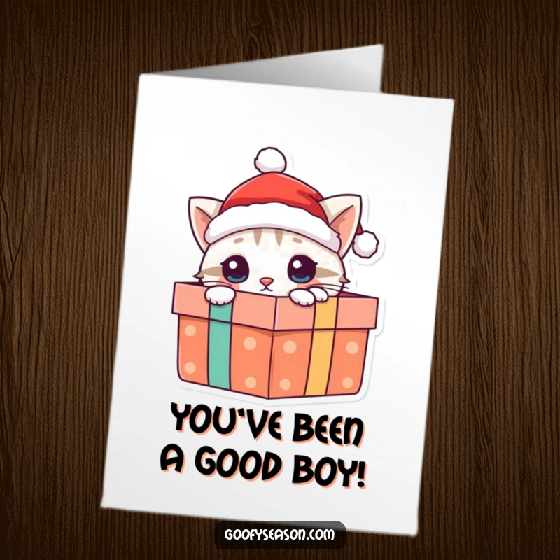 Funny Free Printable Congratulations Card: Adorable cat in Santa hat peeking from a gift box, spreading cheer.