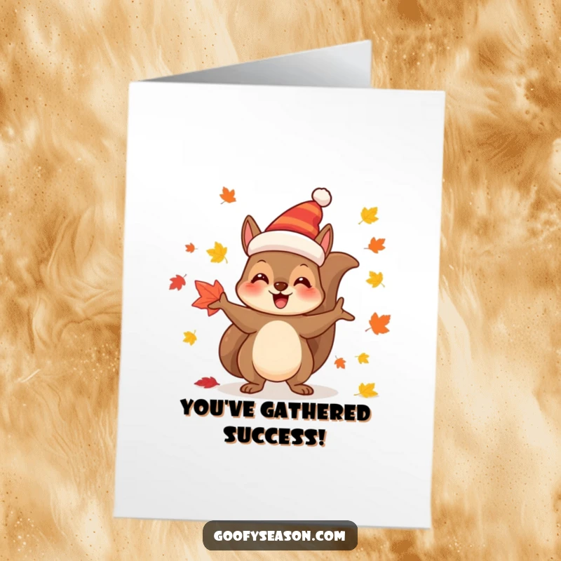 Funny Free Printable Congrats Card: Festive squirrel juggling leaves, celebrating achievements with autumnal joy.