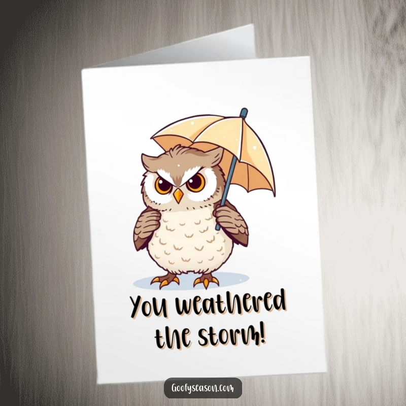 Funny Free Printable Owl Congratulations Card: A determined owl bravely faces a blizzard, protected only by a small umbrella. Downloadable gift.