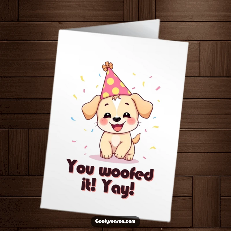 Funny Free Printable Congratulations Card: A giggling puppy in a party hat joyfully chases falling confetti.