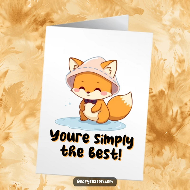 Funny Free Printable Congrats Card: Fox in rain hat joyfully splashes in puddles, celebrating a successful venture.