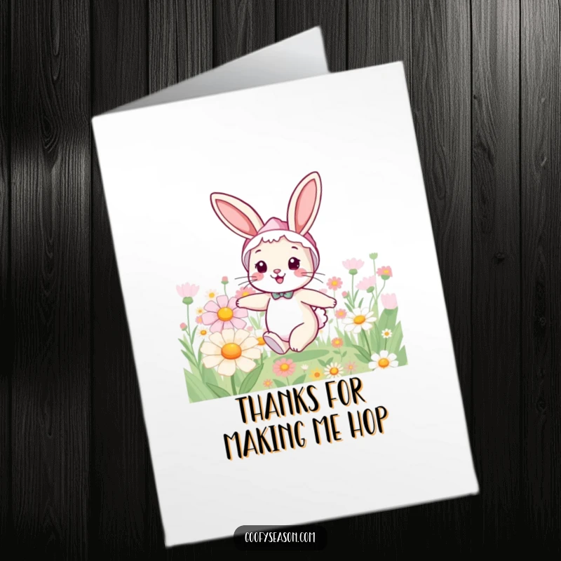 Funny Free Printable Thank You Card: A cheerful bunny in a spring bonnet hopping through giant flowers, saying thanks.